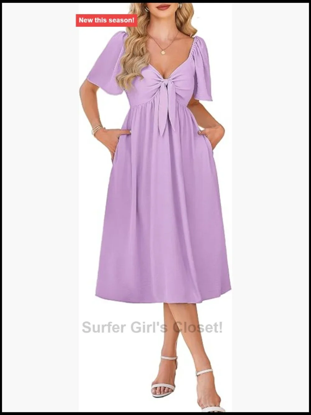 Casual V Neck Bow Tie Smocked High Waist A-Line Flowy Midi Dress with Pockets